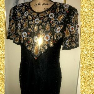 VINTAGE BEADED SILK DRESS~BLACK~GOLD~MEDIUM